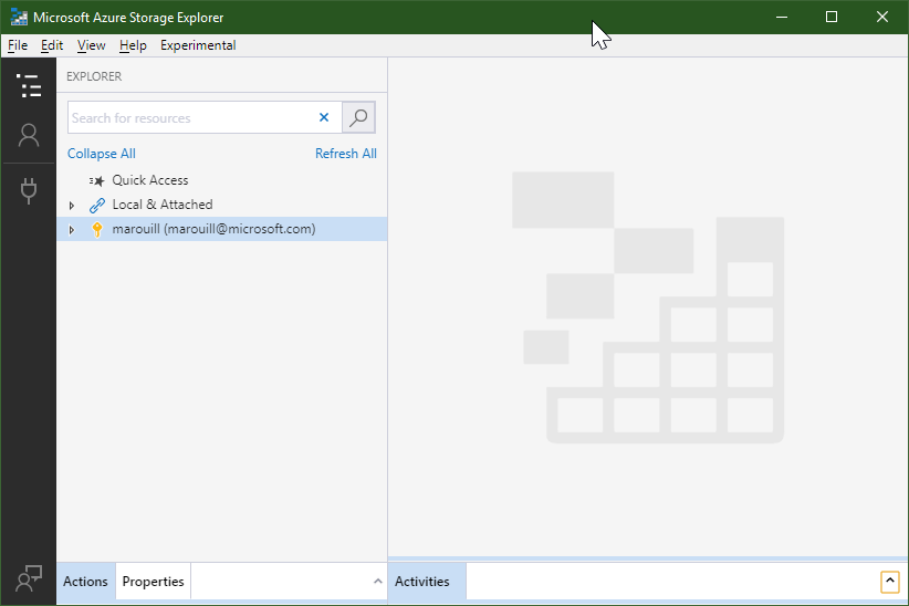 Image of Azure Storage Explorer initial state