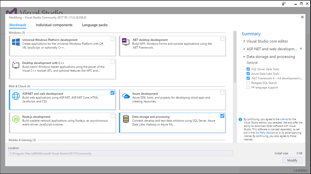 Visual Studio 2017 workloads